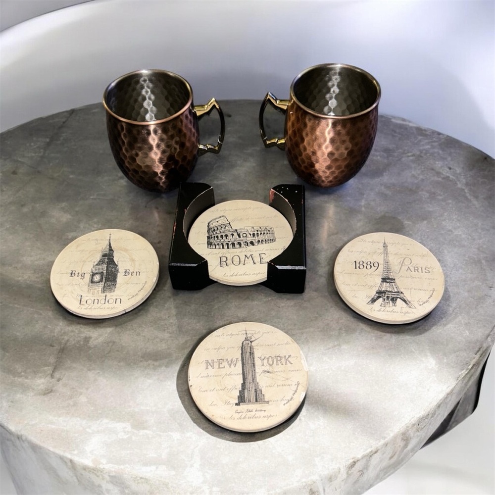 Hammered Copper Moscow Mule Mugs NWOT with Marble Coasters GUC - Picture 2 of 4